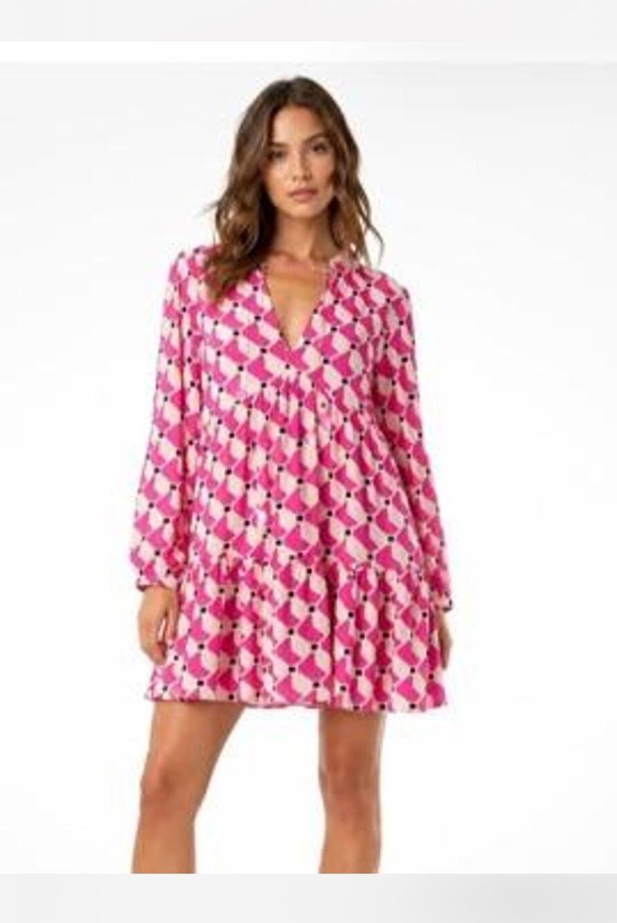 Zara pink geometric print cotton mini dress with tiered skirt, size M